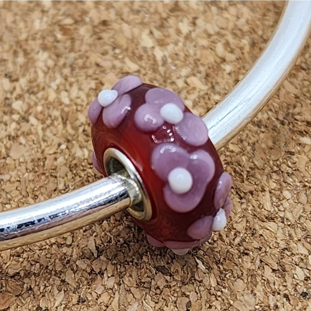 3/$30 Purple Flowers Red Murano Glass 925 Sterling Silver Charm For Pandora